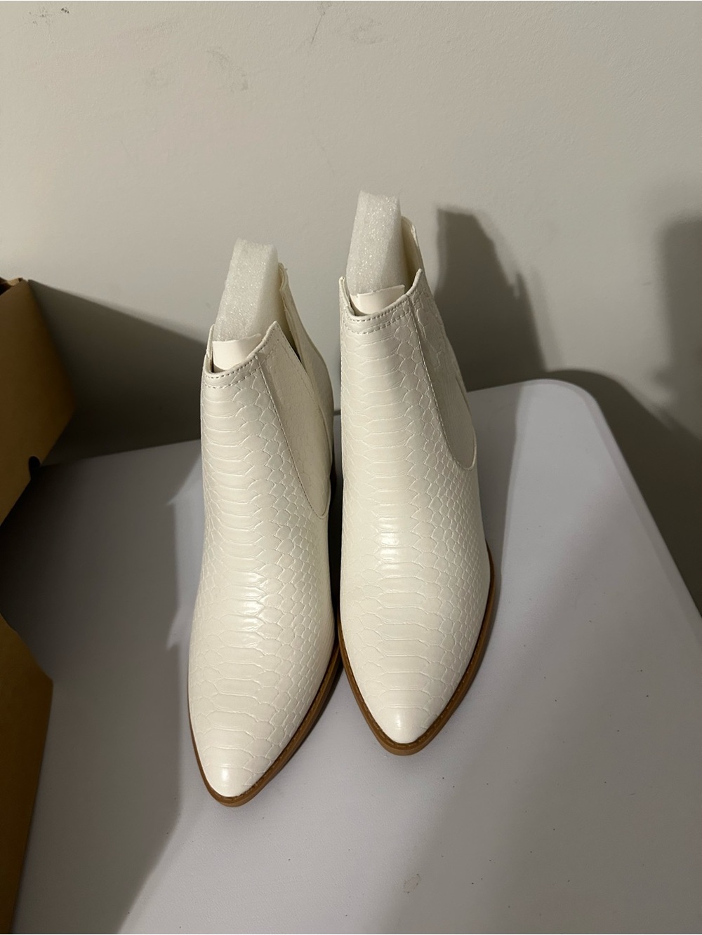 Pointed White Croc-Embossed Chelsea Booties